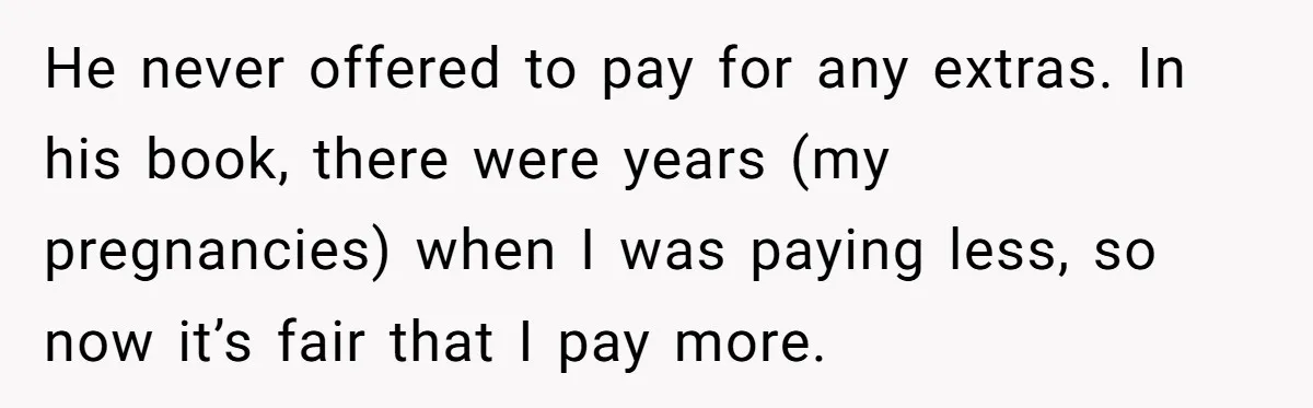 Cancer Survivor Demands Divorce After Husband Forces Strict 50/50 Split Throughout Her Brutal Treatment He never offered to pay for any extras. In his book, there were years (my pregnancies) when I was paying less, so now it’s fair that I pay more.