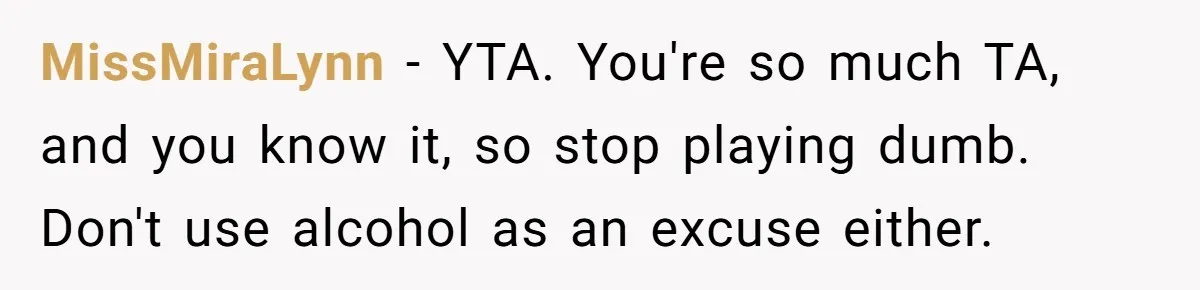 MissMiraLynn − YTA. You're so much TA, and you know it, so stop playing dumb. Don't use alcohol as an excuse either.