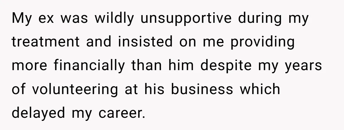 Cancer Survivor Demands Divorce After Husband Forces Strict 50/50 Split Throughout Her Brutal Treatment My ex was wildly unsupportive during my treatment and insisted on me providing more financially than him despite my years of volunteering at his business which delayed my career.