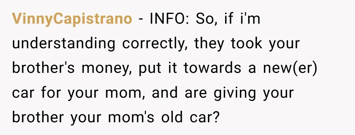 Stepdad Mocks Teen With Fake Car Gift, Freaks Out When Teen Fires Back VinnyCapistrano − INFO: So, if i'm understanding correctly, they took your brother's money, put it towards a new(er) car for your mom, and are giving your brother your mom's old...