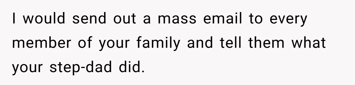 Stepdad Mocks Teen With Fake Car Gift, Freaks Out When Teen Fires Back I would send out a mass email to every member of your family and tell them what your step-dad did.