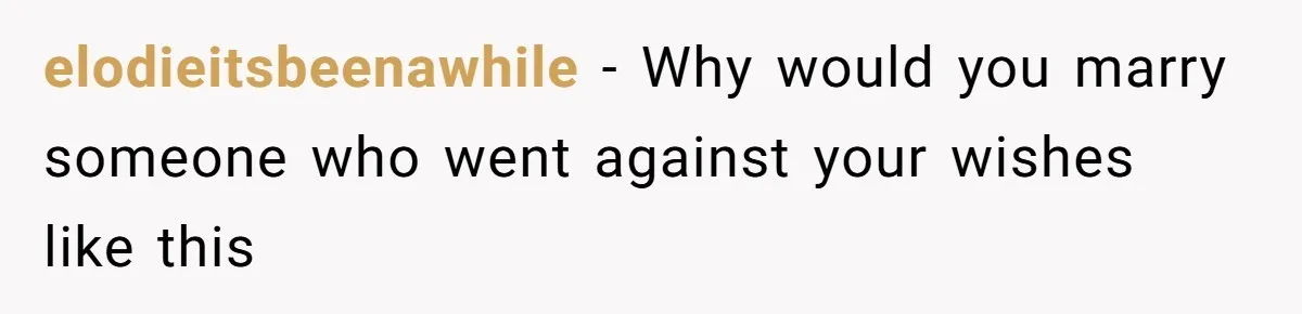 Fiancé Lets Mom Wear Bride's Wedding Dress, Leaving Her Disgusted And Postponing The Wedding elodieitsbeenawhile − Why would you marry someone who went against your wishes like this
