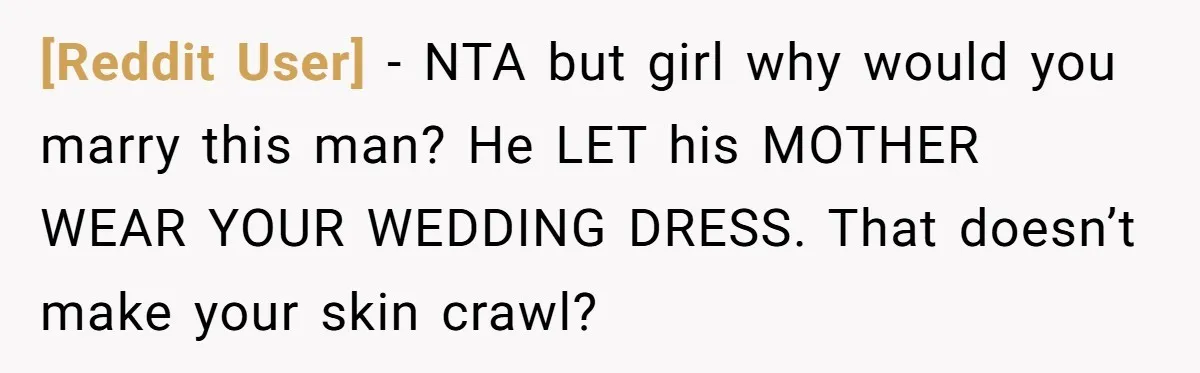 [Reddit User] − NTA but girl why would you marry this man? He LET his MOTHER WEAR YOUR WEDDING DRESS. That doesn’t make your skin crawl?
