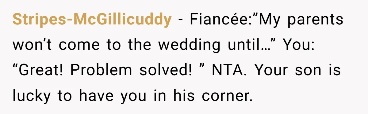 He Banned His Future MIL After She Stole His Son’s Journal, and Now the Entire Family Wants the Wedding Cancelled Stripes-McGillicuddy − Fiancée:”My parents won’t come to the wedding until…” You: “Great! Problem solved! ” NTA. Your son is lucky to have you in his corner.