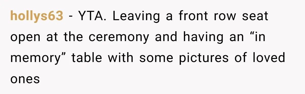 Fiancé Asks For A Seat For His Deceased Son At Their Wedding, Bride Tells Him To 'Get Over Himself' hollys63 − YTA. Leaving a front row seat open at the ceremony and having an “in memory” table with some pictures of loved ones