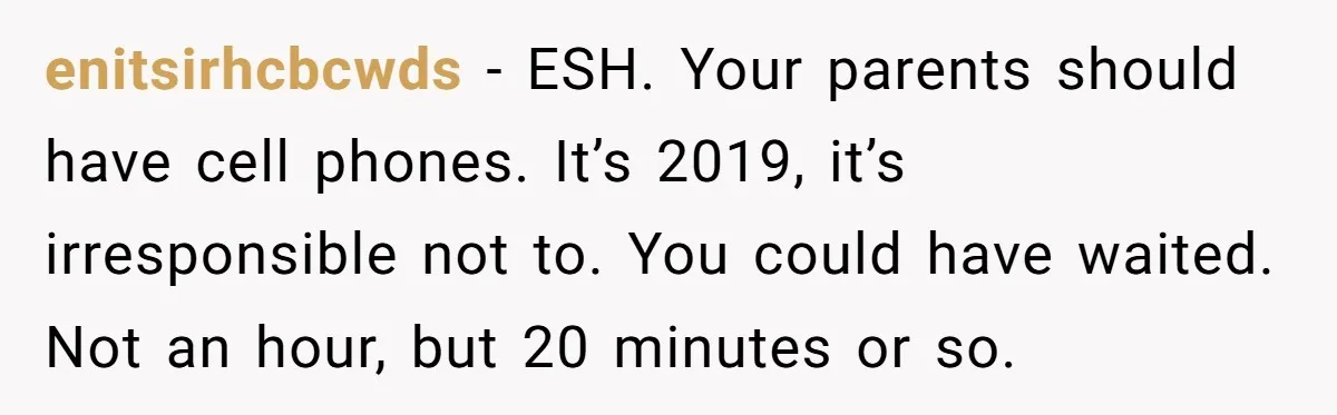 She Started the Wedding Without Her Parents - Now They’re Furious They Missed the Ceremony enitsirhcbcwds − ESH. Your parents should have cell phones. It’s 2019, it’s irresponsible not to. You could have waited. Not an hour, but 20 minutes or so.