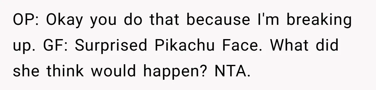 Girlfriend Wants To Cheat If He Takes A Dream Job, He Breaks Up With Her On The Spot OP: Okay you do that because I'm breaking up. GF: Surprised Pikachu Face. What did she think would happen? NTA.