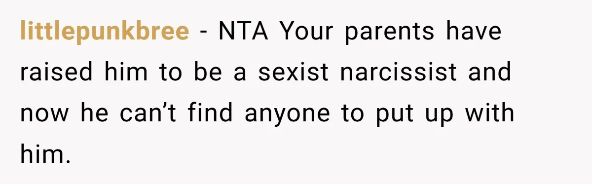 Sister Tells Her Autistic Brother Why Women Don’t Date Him - and Now the Family Says She “Ruined His Confidence” littlepunkbree − NTA Your parents have raised him to be a sexist narcissist and now he can’t find anyone to put up with him.