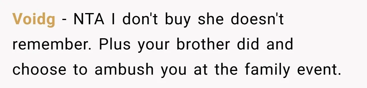 Sister Exposes Brother's Fiancée As Former High School Bully During Festive Family Engagement Party Voidg − NTA I don't buy she doesn't remember. Plus your brother did and choose to ambush you at the family event.