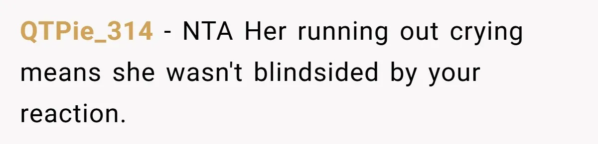 Sister Exposes Brother's Fiancée As Former High School Bully During Festive Family Engagement Party QTPie_314 − NTA Her running out crying means she wasn't blindsided by your reaction.