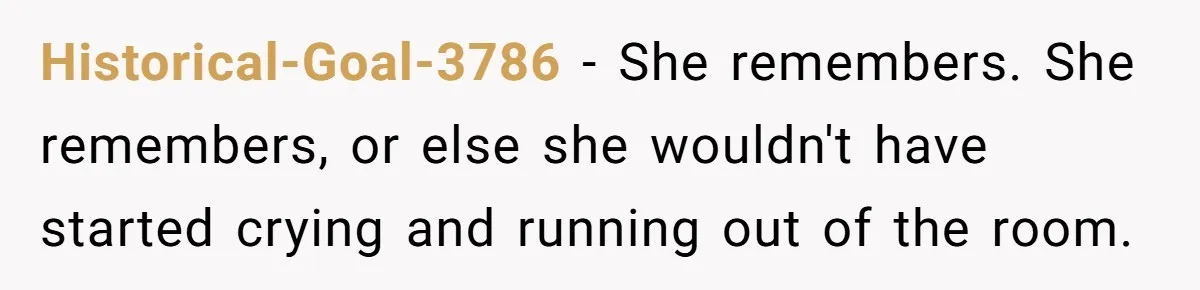 Sister Exposes Brother's Fiancée As Former High School Bully During Festive Family Engagement Party Historical-Goal-3786 − She remembers. She remembers, or else she wouldn't have started crying and running out of the room.