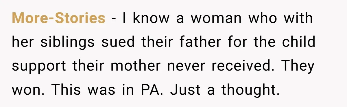 Dad Denied Her For 17 Years, Then Tried To Control What She Does—She Hit Him With ‘No Child Support, No Opinion’ More-Stories − I know a woman who with her siblings sued their father for the child support their mother never received. They won. This was in PA. Just a thought.