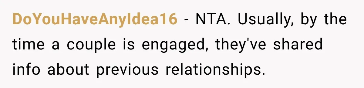 Woman Lets Her Cousin Get Engaged To Her 'Summer Camp Fling', Now She’s Being Blamed For Not Telling Her DoYouHaveAnyIdea16 − NTA. Usually, by the time a couple is engaged, they've shared info about previous relationships.