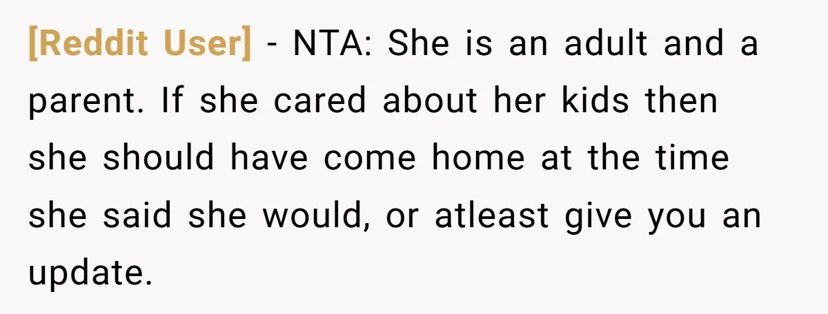 [Reddit User] − NTA: She is an adult and a parent. If she cared about her kids then she should have come home at the time she said she would,...