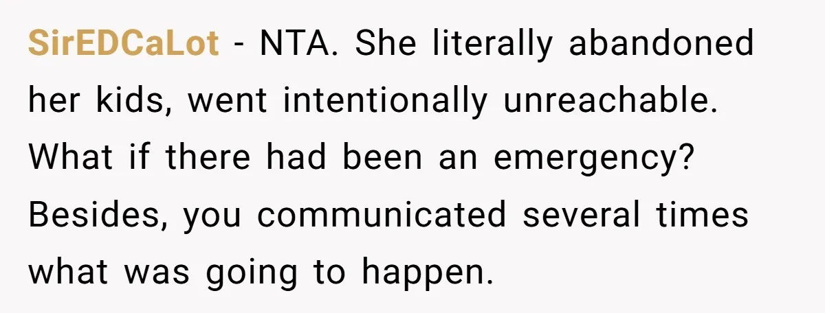 Babysitter Calls Police After Mom Never Comes Home - Did She Go Too Far? SirEDCaLot − NTA. She literally abandoned her kids, went intentionally unreachable. What if there had been an emergency? Besides, you communicated several times what was going to happen.
