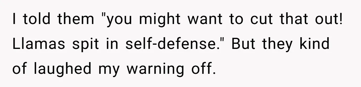 Teenagers Taunt a Llama, Get Hit With Reality - Was the Worker Wrong to Let It Happen? I told them "you might want to cut that out! Llamas spit in self-defense." But they kind of laughed my warning off.