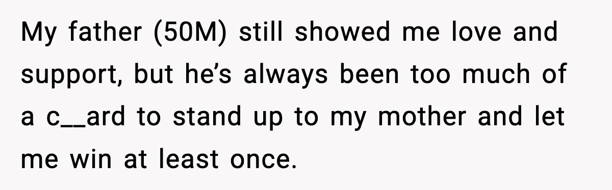 When Parents Cheer Only for Their ‘Golden’ Son, Daughter Says ‘Bye’ at Her Wedding My father (50M) still showed me love and support, but he’s always been too much of a c__ard to stand up to my mother and let me win at least...