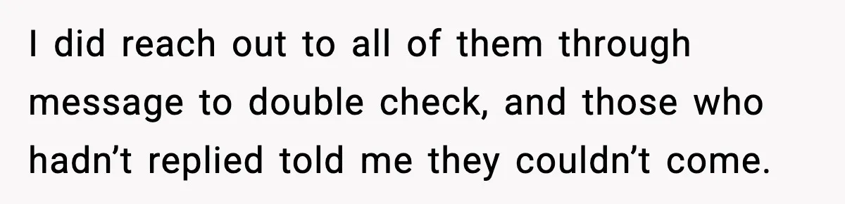 When Parents Cheer Only for Their ‘Golden’ Son, Daughter Says ‘Bye’ at Her Wedding I did reach out to all of them through message to double check, and those who hadn’t replied told me they couldn’t come.