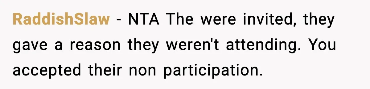 When Parents Cheer Only for Their ‘Golden’ Son, Daughter Says ‘Bye’ at Her Wedding RaddishSlaw - NTA The were invited, they gave a reason they weren't attending. You accepted their non participation.