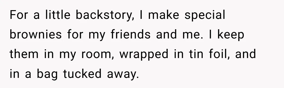 For a little backstory, I make special brownies for my friends and me. I keep them in my room, wrapped in tin foil, and in a bag tucked away.