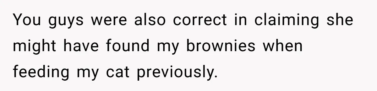 You guys were also correct in claiming she might have found my brownies when feeding my cat previously.