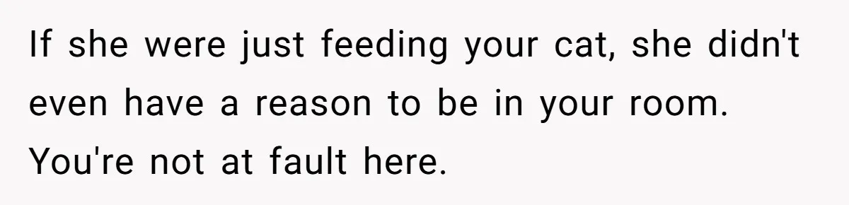 If she were just feeding your cat, she didn't even have a reason to be in your room. You're not at fault here.