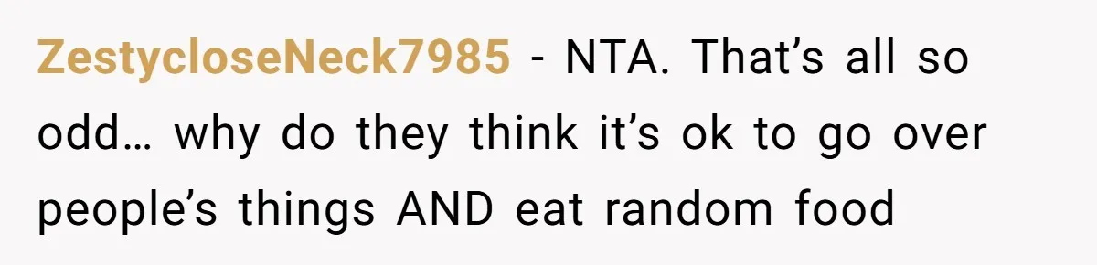 ZestycloseNeck7985 − NTA. That’s all so odd… why do they think it’s ok to go over people’s things AND eat random food
