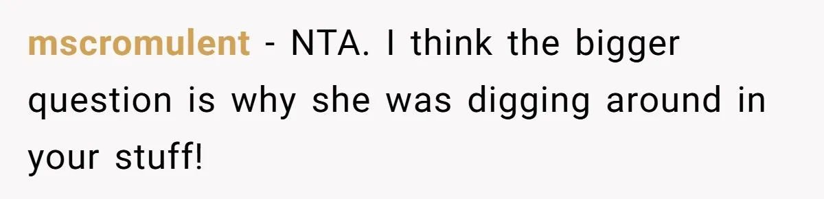 mscromulent − NTA. I think the bigger question is why she was digging around in your stuff!