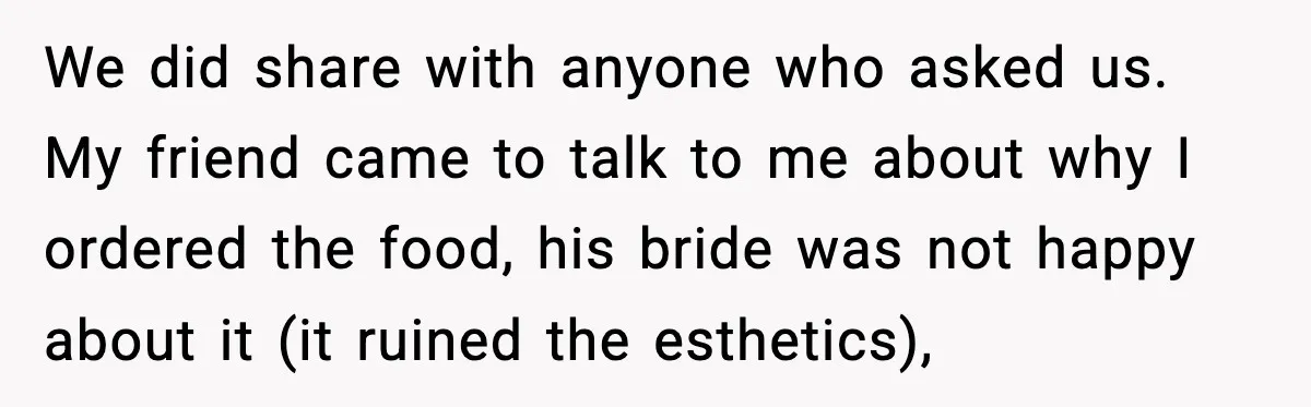 Hungry Wedding Guest Orders Pizza When In Laws Eat All The Food We did share with anyone who asked us. My friend came to talk to me about why I ordered the food, his bride was not happy about it (it ruined...