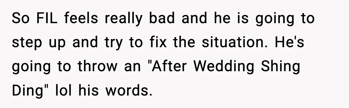 Hungry Wedding Guest Orders Pizza When In Laws Eat All The Food So FIL feels really bad and he is going to step up and try to fix the situation. He's going to throw an "After Wedding Shing Ding" lol his words.