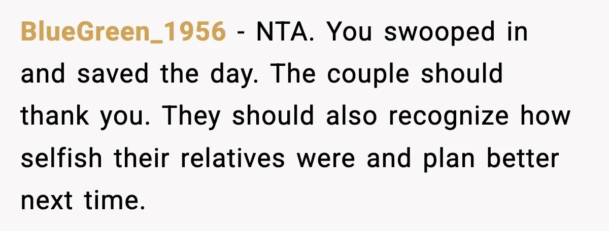 Hungry Wedding Guest Orders Pizza When In Laws Eat All The Food BlueGreen_1956 - NTA. You swooped in and saved the day. The couple should thank you. They should also recognize how selfish their relatives were and plan better next time.