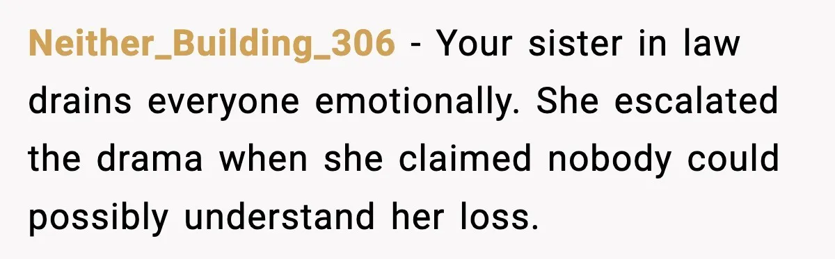 Sister In Law Says “You Don’t Understand My Loss,” Then Hears About Four Miscarriages Neither_Building_306 - Your sister in law drains everyone emotionally. She escalated the drama when she claimed nobody could possibly understand her loss.