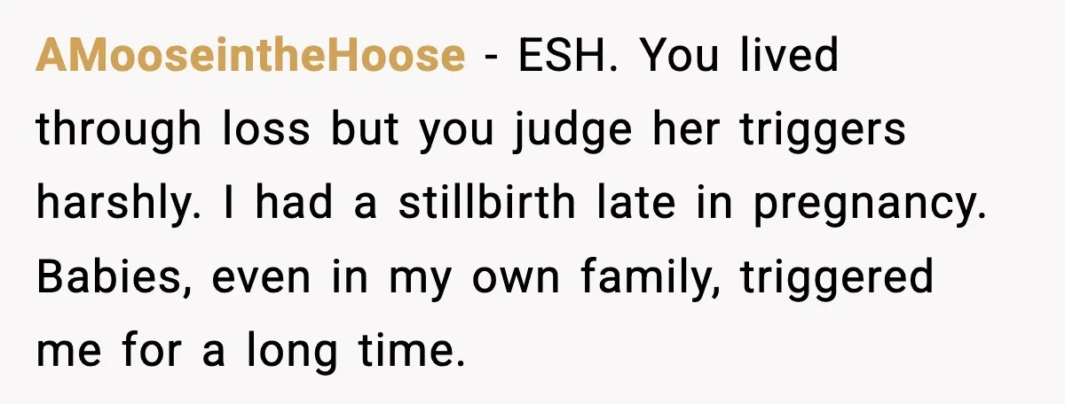 Sister In Law Says “You Don’t Understand My Loss,” Then Hears About Four Miscarriages AMooseintheHoose - ESH. You lived through loss but you judge her triggers harshly. I had a stillbirth late in pregnancy. Babies, even in my own family, triggered me for a...