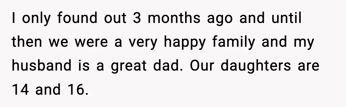 Daughters Said “We’ll Never See You Again” If Mom Leaves Dad I only found out 3 months ago and until then we were a very happy family and my husband is a great dad. Our daughters are 14 and 16.