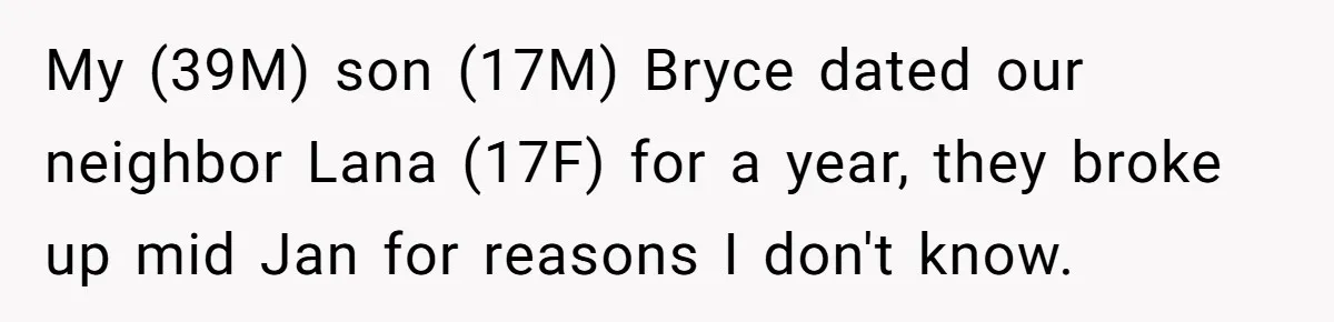 Bryce’s Parents Call Out Ex-Girlfriend After She Smashes His Christmas Car My (39M) son (17M) Bryce dated our neighbor Lana (17F) for a year, they broke up mid Jan for reasons I don't know.