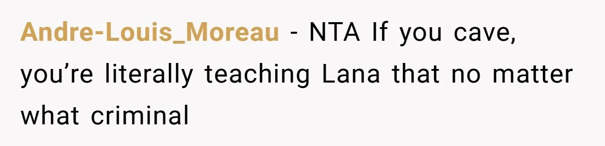Bryce’s Parents Call Out Ex-Girlfriend After She Smashes His Christmas Car Andre-Louis_Moreau − NTA If you cave, you’re literally teaching Lana that no matter what criminal