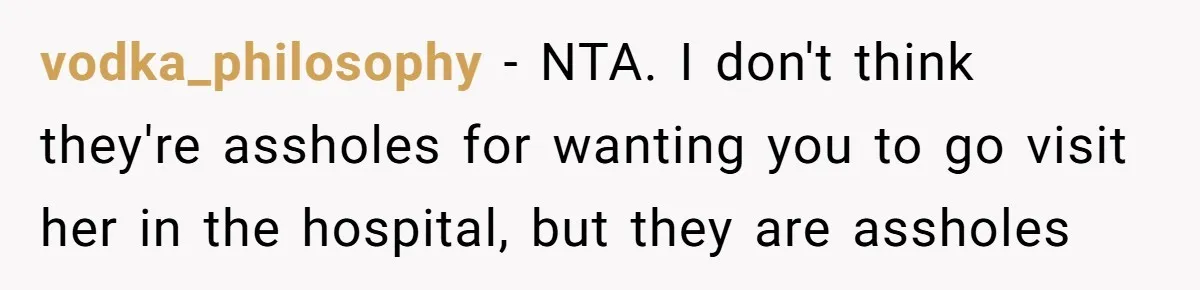 Stepdaughter Refuses To Help With Disabled Stepsister, Says It’s Not Her Problem – Is She A Jerk? vodka_philosophy − NTA. I don't think they're assholes for wanting you to go visit her in the hospital, but they are assholes