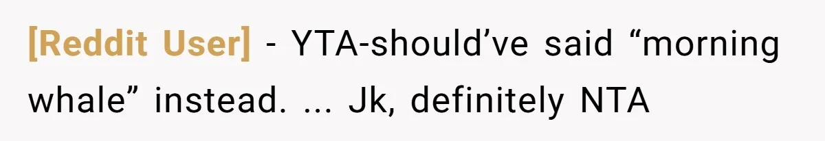 [Reddit User] − YTA-should’ve said “morning whale” instead. ... Jk, definitely NTA