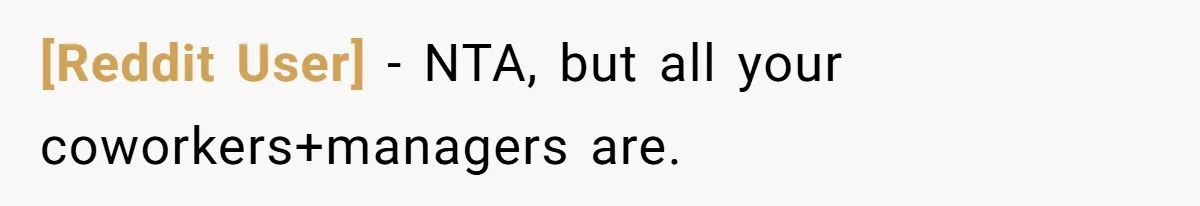 [Reddit User] − NTA, but all your coworkers+managers are.