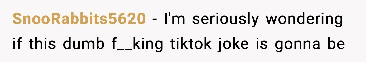 Girlfriend Walks Out After Boyfriend Calls Her A “B*tch” As A TikTok Joke And Then Demands She Clean The Mess SnooRabbits5620 − I'm seriously wondering if this dumb f__king tiktok joke is gonna be