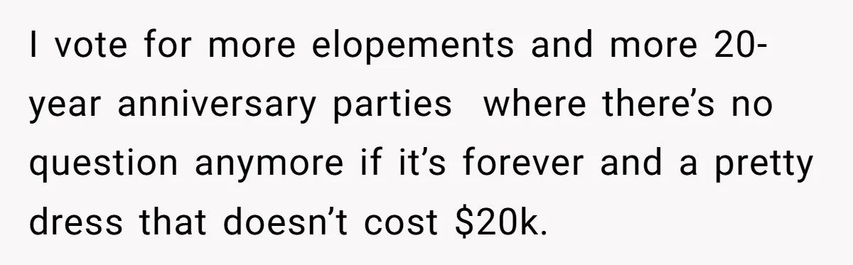 Couple Returns Wedding Gifts After Family Tries Turning Their Ceremony Into A Circus I vote for more elopements and more 20-year anniversary parties where there’s no question anymore if it’s forever and a pretty dress that doesn’t cost $20k.