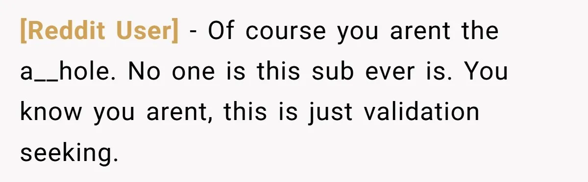 [Reddit User] − Of course you arent the a__hole. No one is this sub ever is. You know you arent, this is just validation seeking.