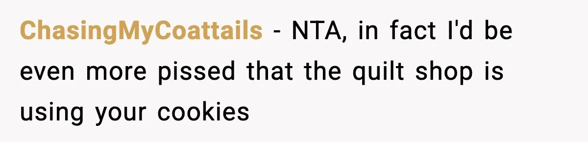 Woman Considers Quitting Cookies After Her Workplace Treats Her Like A Snack Machine ChasingMyCoattails − NTA, in fact I'd be even more pissed that the quilt shop is using your cookies