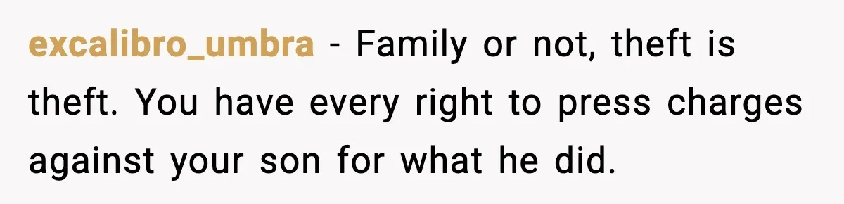 Dad Catches Son Stealing The Family TV On Security Footage, Is He Right To Call Police? excalibro_umbra − Family or not, theft is theft. You have every right to press charges against your son for what he did.