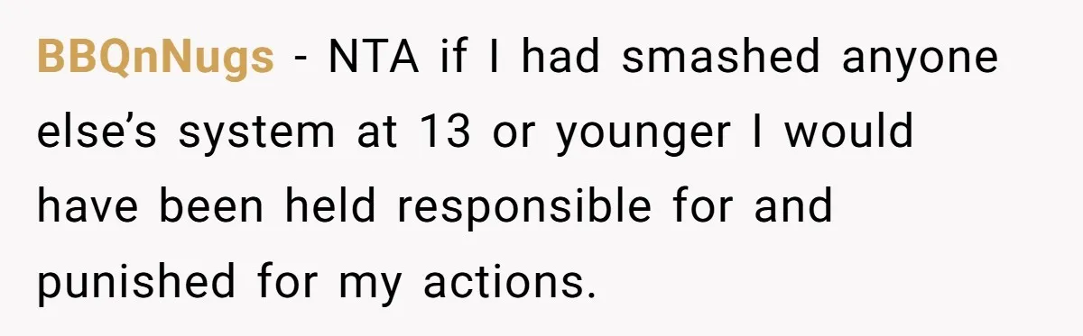 Parents Furious After Woman Replaces Her Son’s Broken Console With Nephew’s Gift BBQnNugs − NTA if I had smashed anyone else’s system at 13 or younger I would have been held responsible for and punished for my actions.