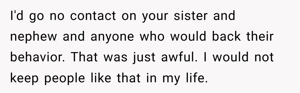 Parents Furious After Woman Replaces Her Son’s Broken Console With Nephew’s Gift I'd go no contact on your sister and nephew and anyone who would back their behavior. That was just awful. I would not keep people like that in my life.