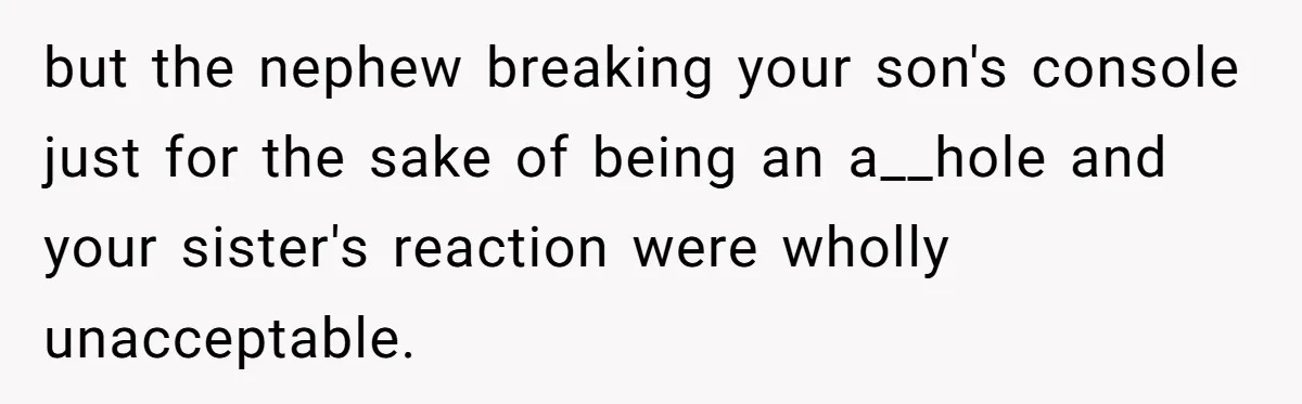 Parents Furious After Woman Replaces Her Son’s Broken Console With Nephew’s Gift but the nephew breaking your son's console just for the sake of being an a__hole and your sister's reaction were wholly unacceptable.