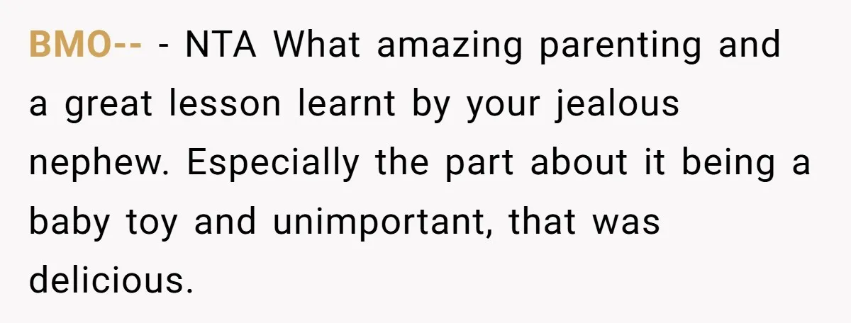Parents Furious After Woman Replaces Her Son’s Broken Console With Nephew’s Gift BMO-- − NTA What amazing parenting and a great lesson learnt by your jealous nephew. Especially the part about it being a baby toy and unimportant, that was delicious.
