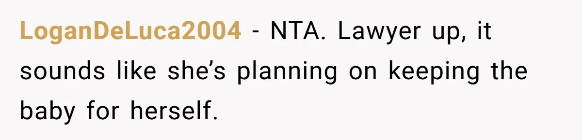 Surrogate Tried To Rewrite All The Rules, So Woman Reminded Her Whose Baby It Really Is LoganDeLuca2004 − NTA. Lawyer up, it sounds like she’s planning on keeping the baby for herself.