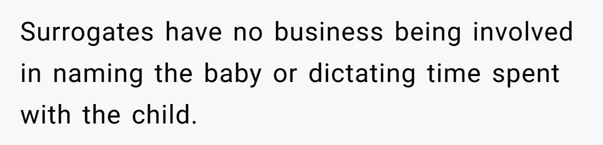 Surrogate Tried To Rewrite All The Rules, So Woman Reminded Her Whose Baby It Really Is Surrogates have no business being involved in naming the baby or dictating time spent with the child.